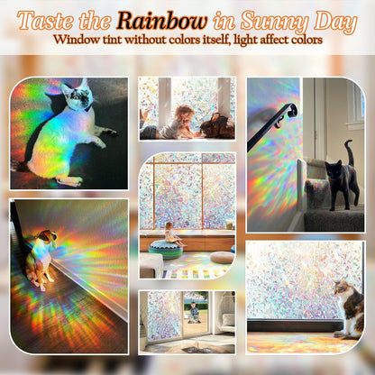 Dwersty Rainbow Window Privacy Film with Cutting Reference Line, 3D Decals Stained Glass Clings, Static Cling Sticker, Suncatcher Windows Cover Tint for Home, 17.5 Inch x 78.74 Inch
