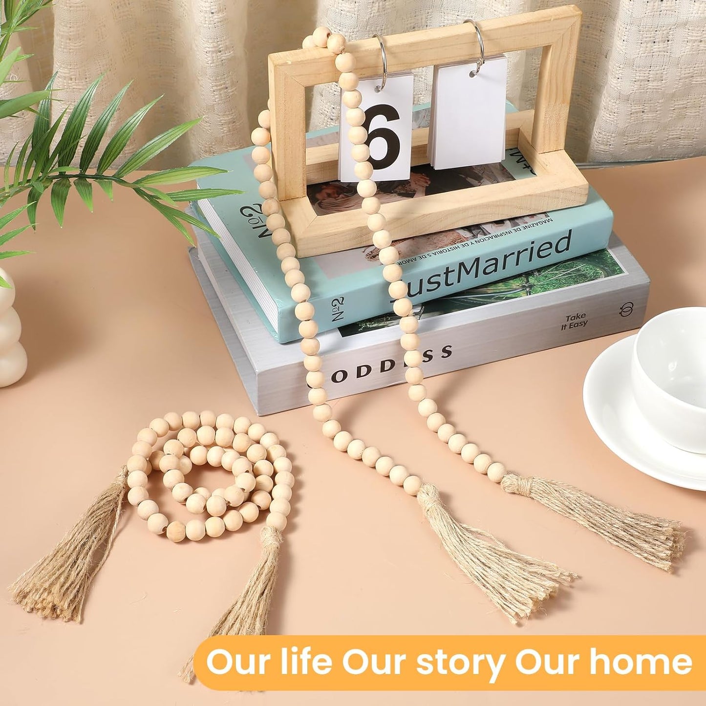 2Pcs 34in Wood Bead Garland with Tassels, Natural Wooden Beads Garland, Boho Decorative Beads Home Decor for Coffee Table, Wall, Shelf, Tray, Vase, Living Room, Bedroom