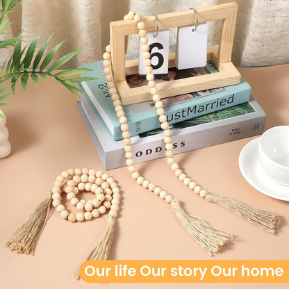 2Pcs 34in Wood Bead Garland with Tassels, Natural Wooden Beads Garland, Boho Decorative Beads Home Decor for Coffee Table, Wall, Shelf, Tray, Vase, Living Room, Bedroom