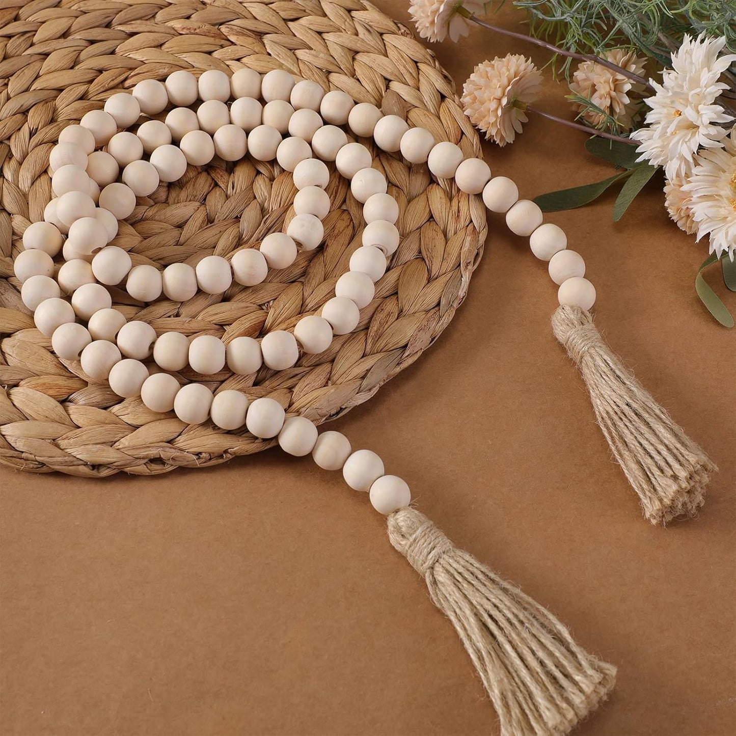 Geetery 2 Pcs 58'' Bead Garland with Tassels, Rustic Country Decor, Boho Wall Hanging for Farmhouse Style, Versatile Prayer Beads for Home, Table, or Wall Decoration (Black)