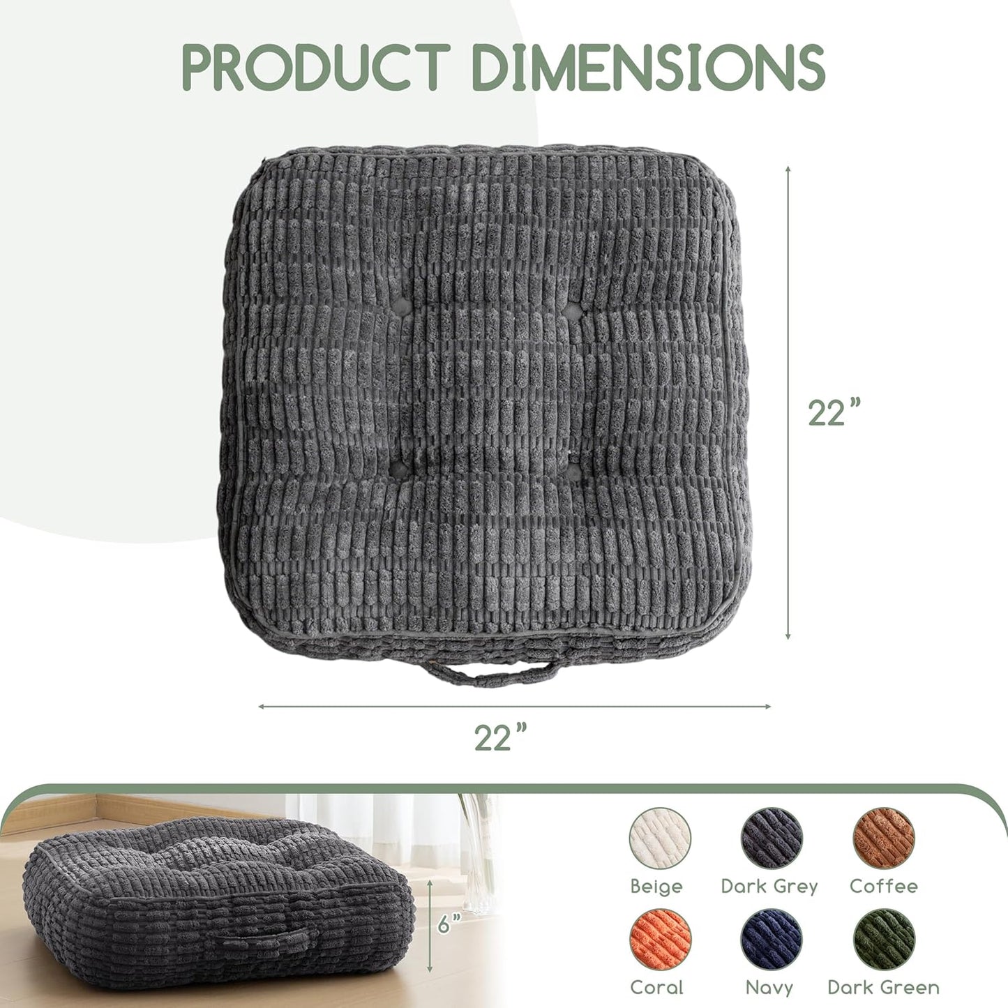 HIGOGOGO Floor Pillow Cushion for Adults, Meditation Cushion Pillow, Blended Corduroy Cover, Large Square Floor Sitting for Tatami Living Room or Yoga, 22x22 Inch, Beige