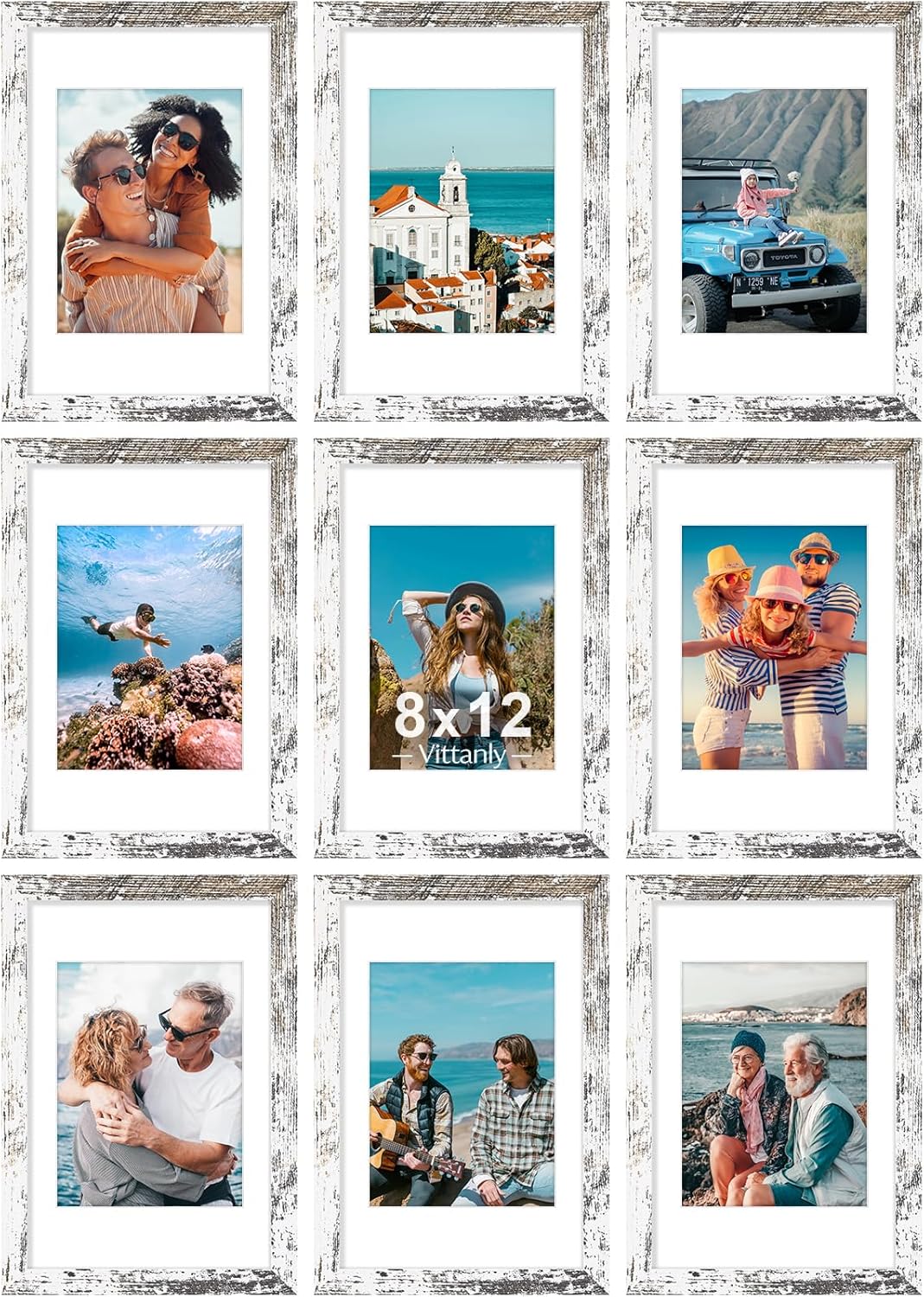 Vittanly 8x10 Picture Frames Set of 9, Shatter Resistant Plexiglass, Display 5x7 Pictures with Mat or 8x10 without Mat, Photo Frames for Wall or Tabletop, Engineered Wood, Black - Colors A