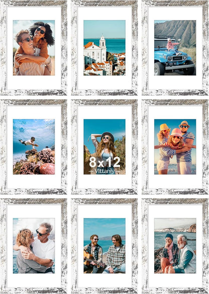 Vittanly 8x10 Picture Frames Set of 9, Shatter Resistant Plexiglass, Display 5x7 Pictures with Mat or 8x10 without Mat, Photo Frames for Wall or Tabletop, Engineered Wood, Black - Colors A
