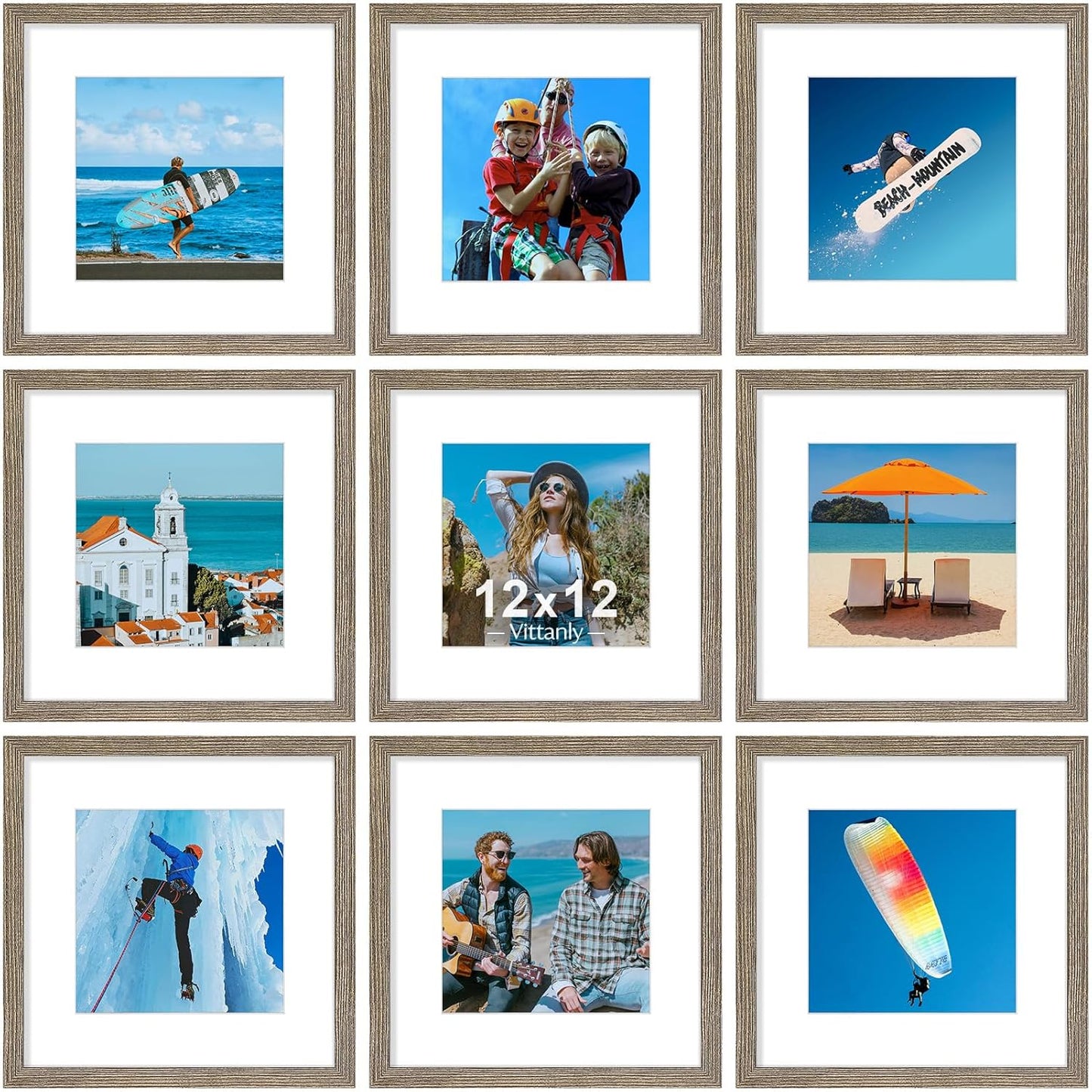 Vittanly 8x10 Picture Frames Set of 9, Shatter Resistant Plexiglass, Display 5x7 Pictures with Mat or 8x10 without Mat, Photo Frames for Wall or Tabletop, Engineered Wood, Black - Colors B