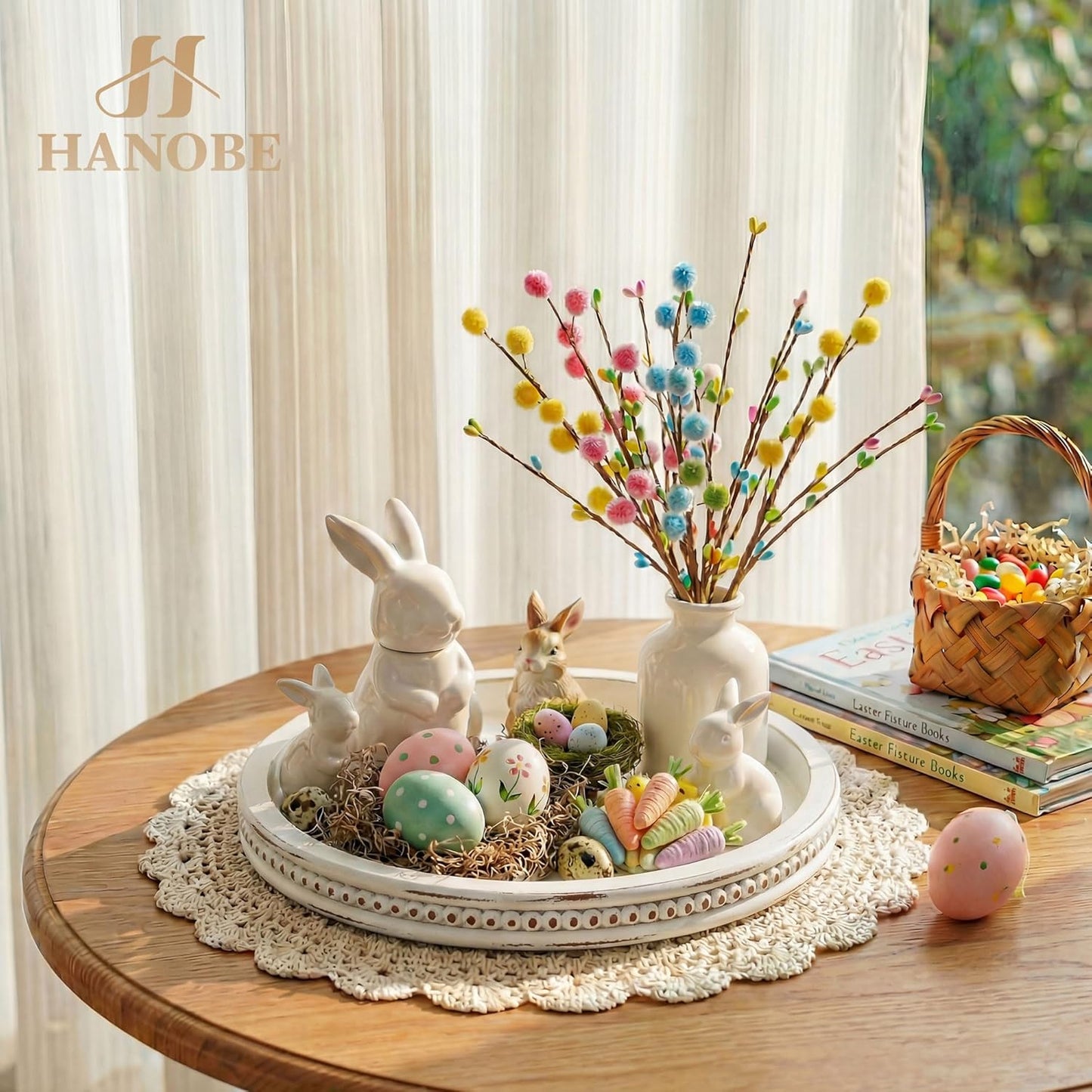 Hanobe Round Wooden Decorative Tray: White Washed Bead Tray Decor for Coffee Table Centerpiece Rustic Farmhouse Tray for Kitchen Counter Living Room Decoration