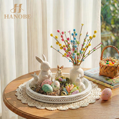 Hanobe Round Wooden Decorative Tray: White Washed Bead Tray Decor for Coffee Table Centerpiece Rustic Farmhouse Tray for Kitchen Counter Living Room Decoration