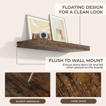 RICHFOCUS 72Inch Floating Shelves for Wall 2 Pack Shelves for Bedroom|Kitchen|Bathroom Wall Mounted Rustic Wood Floating Shelf with Invisible Brackets for Books|Storage|Decor, Rustic Brown
