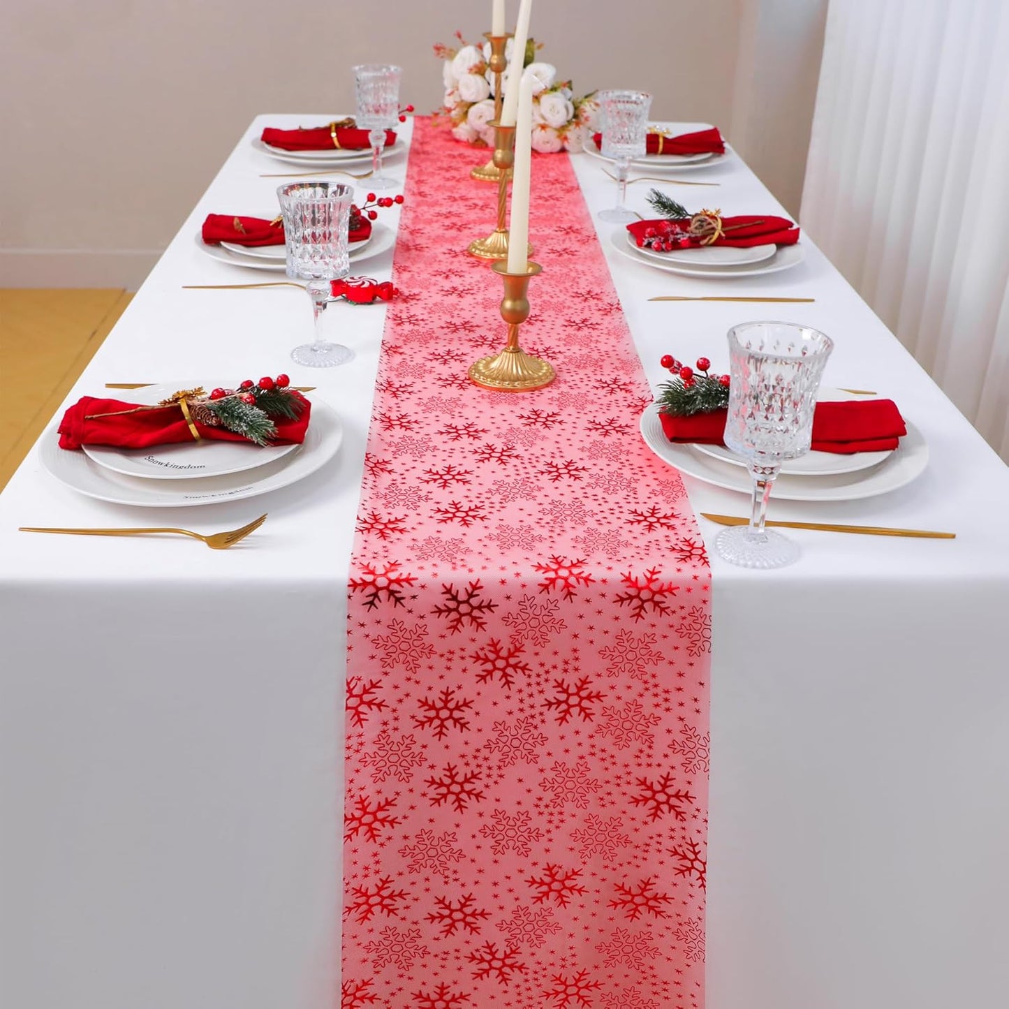 Snowkingdom 2 Pieces Gold Table Runner, Sequin Glitter Foil Metallic Thin Mesh Runner Roll 11"x108", Gold Table Decorations for Event Party, Wedding, Birthday Party, Christmas