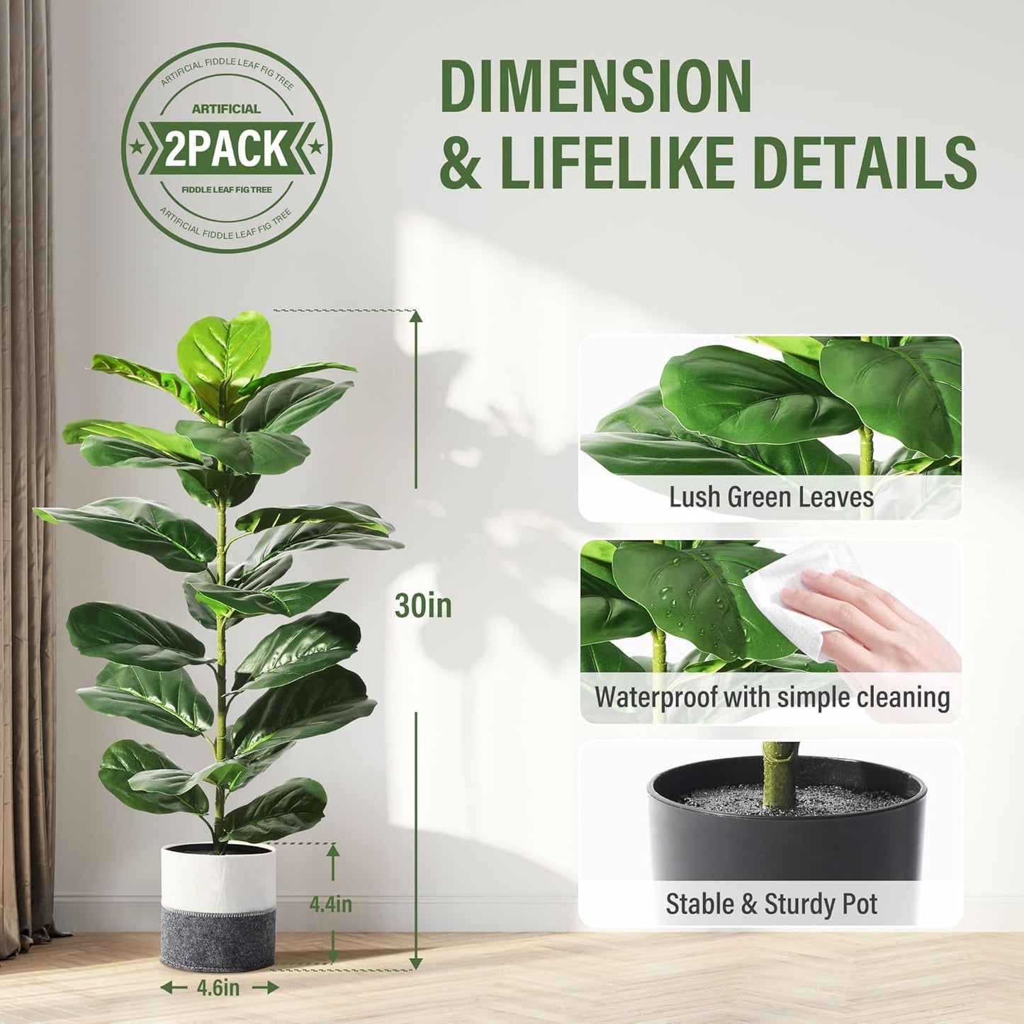 Suntee 2 Pack Artificial Fiddle Leaf Fig Tree, 30" Ficus Lyrata Fake Plants with Pots, Floor Plant Outdoor Faux Plants for Living Room, Corner, Office, Patio, Windowsill Decor