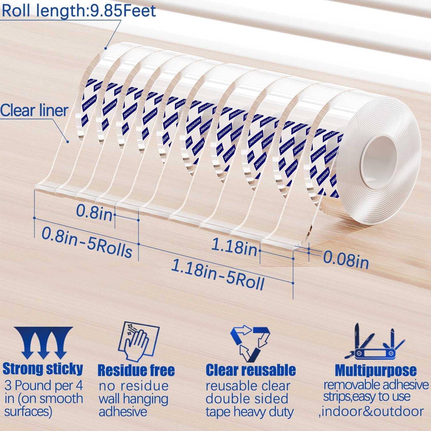 ZMUAXUAN Strong Nano Double Sided Tape Heavy Duty Mounting,Clear Removable Wall Sticky Adhesive Strips,Reusable Thick Gel Grip for Hanging Picture,Poster,Carpet,Photo
