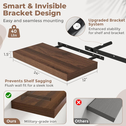 72 Inch Long Floating Shelves for Wall Set of 2, 12"D Wood Grain Bathroom Shelves with Invisible Brackets, Easy Install Engineered Wood Storage Shelves for Kitchen, Living Room, Bedroom, Black Finish