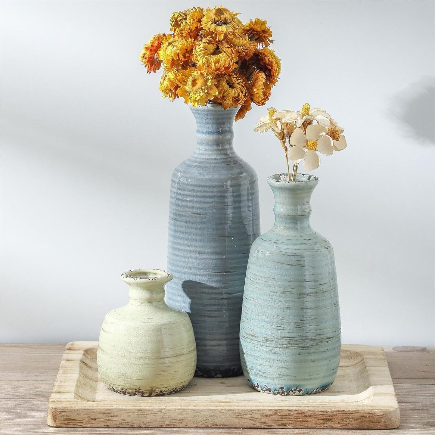 Ceramic Vase Set of 3 | Neutral Vase Home Decor with Handle | Pottery Modern Farmhouse Vases Pampas Grass Flower Vases for Home Decor Table Living Room Centerpieces Mantel Decor - Multicolor