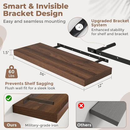 72 Inch Long Floating Shelves for Wall Set of 2, 12"D Wood Grain Bathroom Shelves with Invisible Brackets, Easy Install Engineered Wood Storage Shelves for Kitchen, Living Room, Bedroom, Black Finish