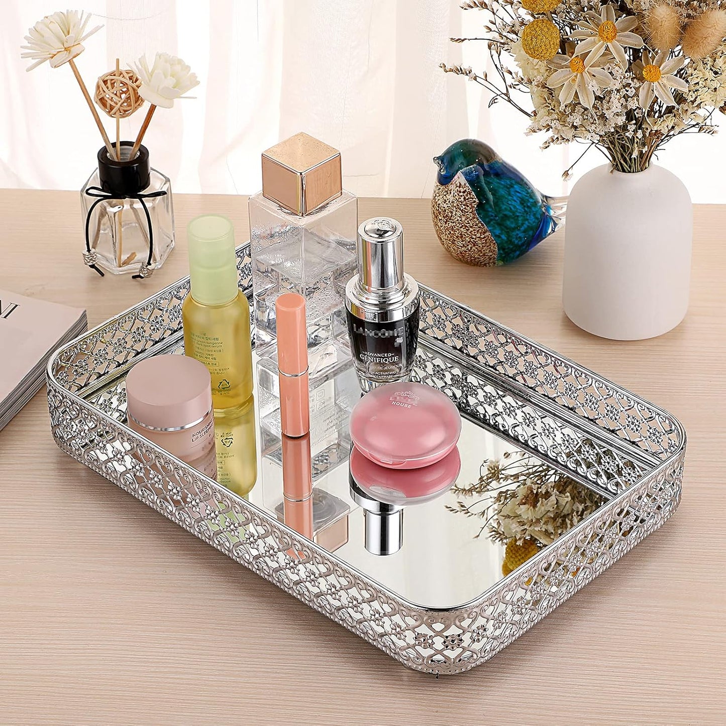 ELLDOO Perfume & Makeup Vanity Tray - Hollow-Carved Jewelry Storage, Glass & Metal Trinket Organizer for Dresser & Bathroom Countertop, Gold, Medium Size