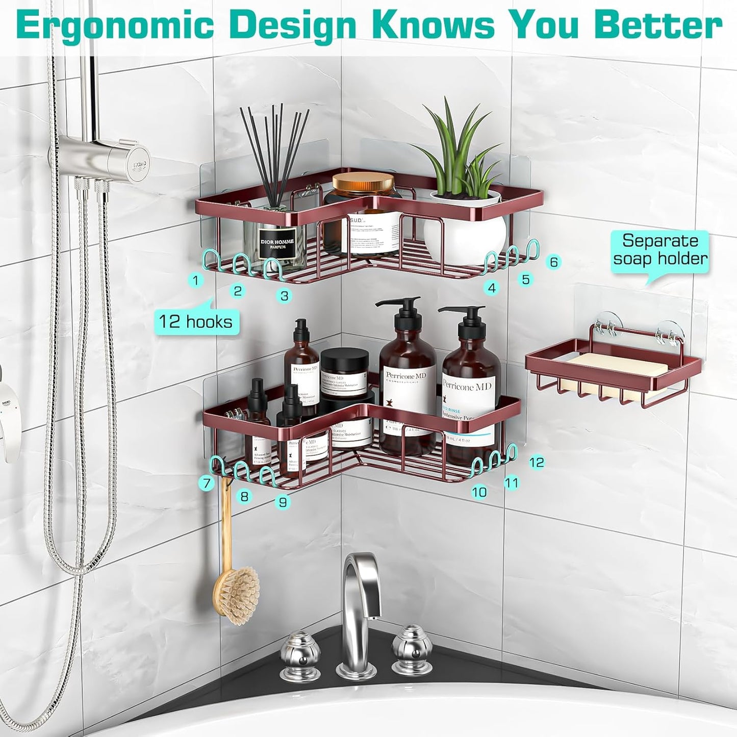 YASONIC Corner Adhesive Shower Caddy, with Soap Holder and 12 Hooks, Rustproof Stainless Steel Bathroom Organizer, No Drilling Wall Mounted Rack, Black, 3-Pack