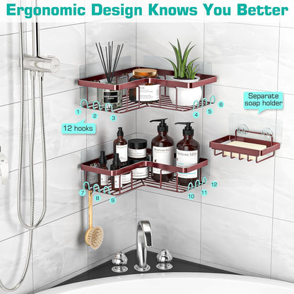 YASONIC Corner Adhesive Shower Caddy, with Soap Holder and 12 Hooks, Rustproof Stainless Steel Bathroom Organizer, No Drilling Wall Mounted Rack, Black, 3-Pack