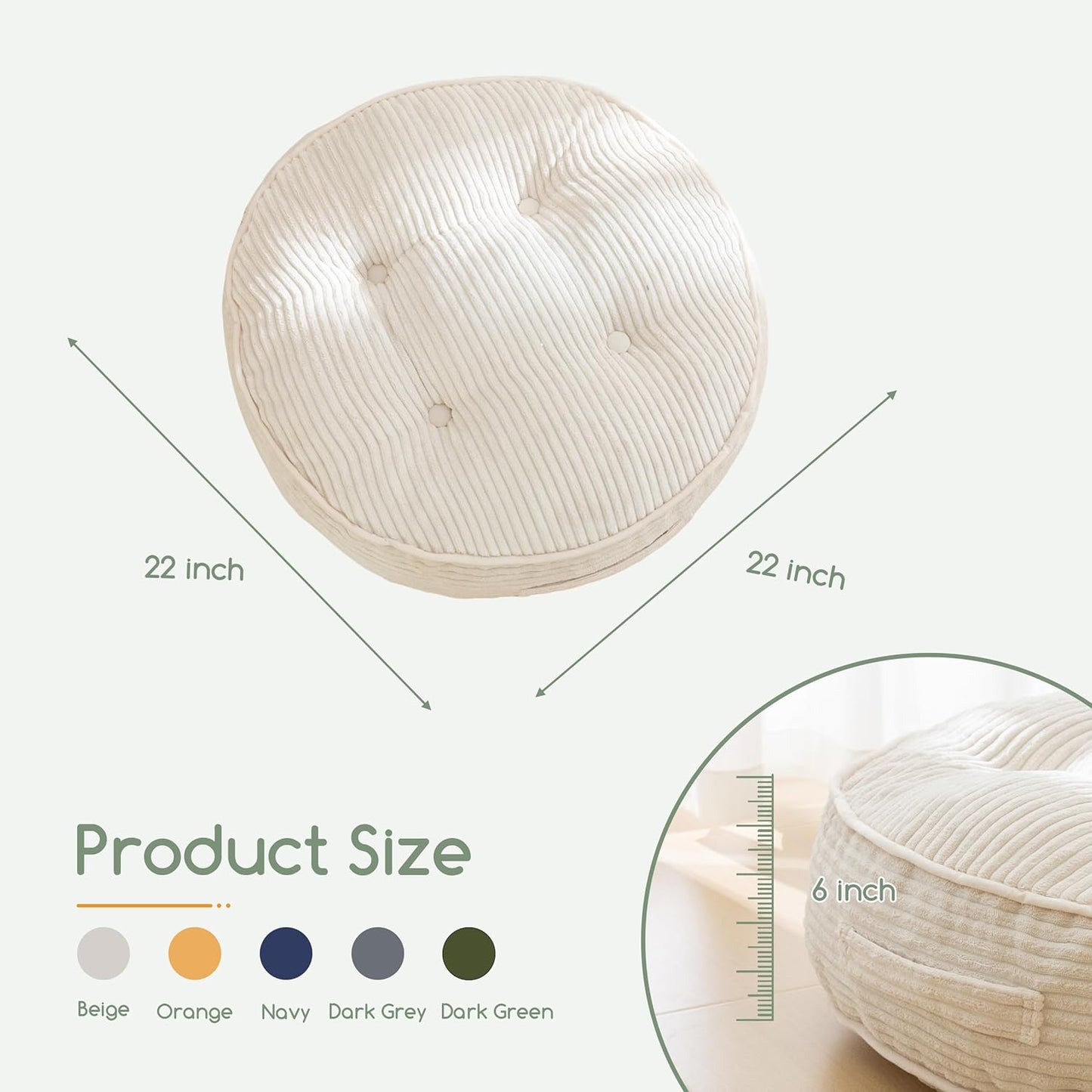 HIGOGOGO 6" Extra Thick Floor Pillow Cushion for Adults, Meditation Cushion Pillow, Large Square Floor Sitting, Tufted Corduroy Cover, for Tatami Living Room or Yoga, 22x22 Inch, 2Pack, Dark Grey