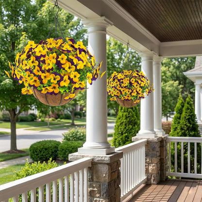 2 Set Artificial Outdoor Pansy Flowers with Hanging Baskets, 2 Hanging Baskets with 24 Pcs Silk Flowers for Spring Easter Decorations Porch Patio Home Decor (2, Purple, Yellow, White, Light Purple)