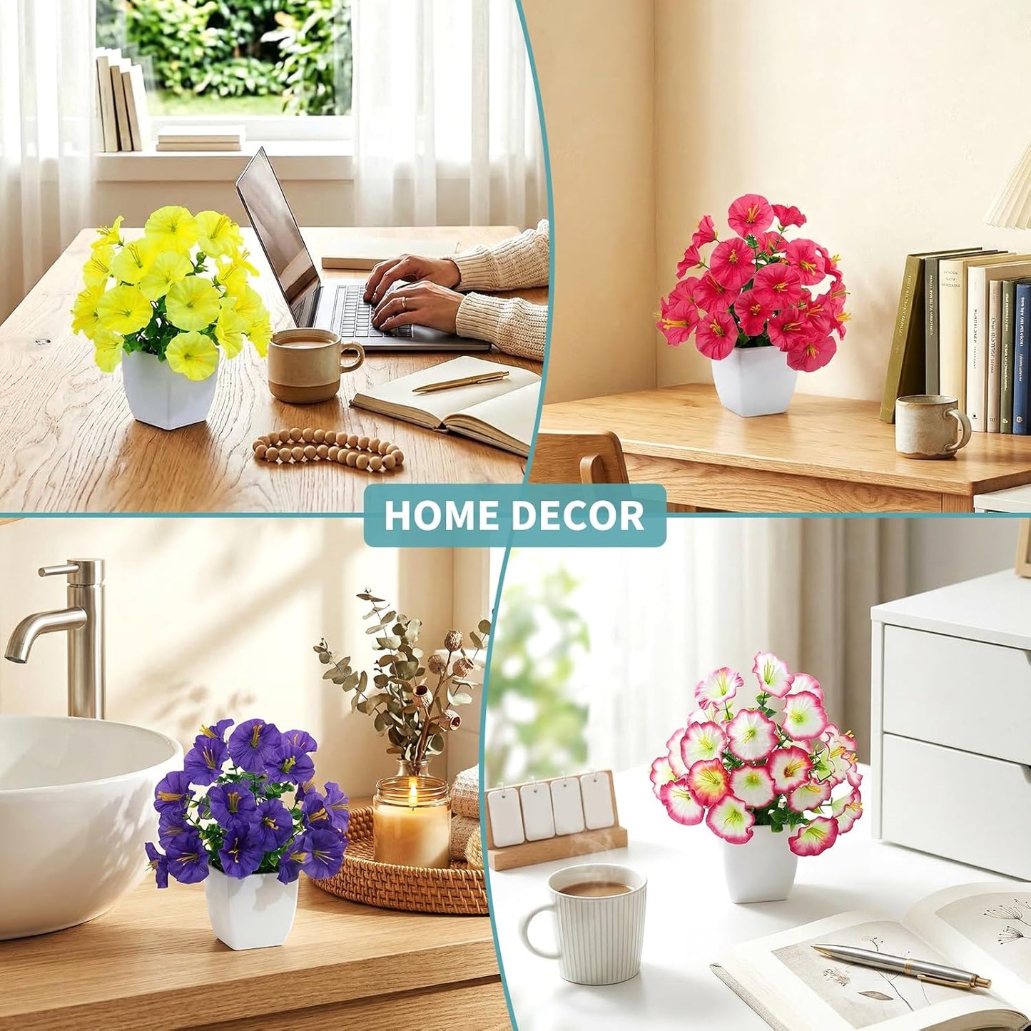 LOYWREE 4 Pack Small Artificial Mums Flowers in White Pots, Fake Mini Potted Plants, Spring Floral Decor for Home Bathroom Shelves Office Desk Table Centerpiece Indoor Decoration
