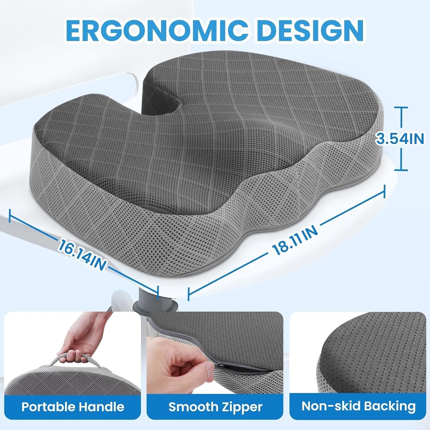 TushGuard Seat Cushion - Memory Foam Cushion for Office Chair, Car Seat, Airplane, Bleacher - Sciatica & Hip & Coccyx Pain Relief Desk Chair Cushion for Long Sitting Office Workers, Car Drivers