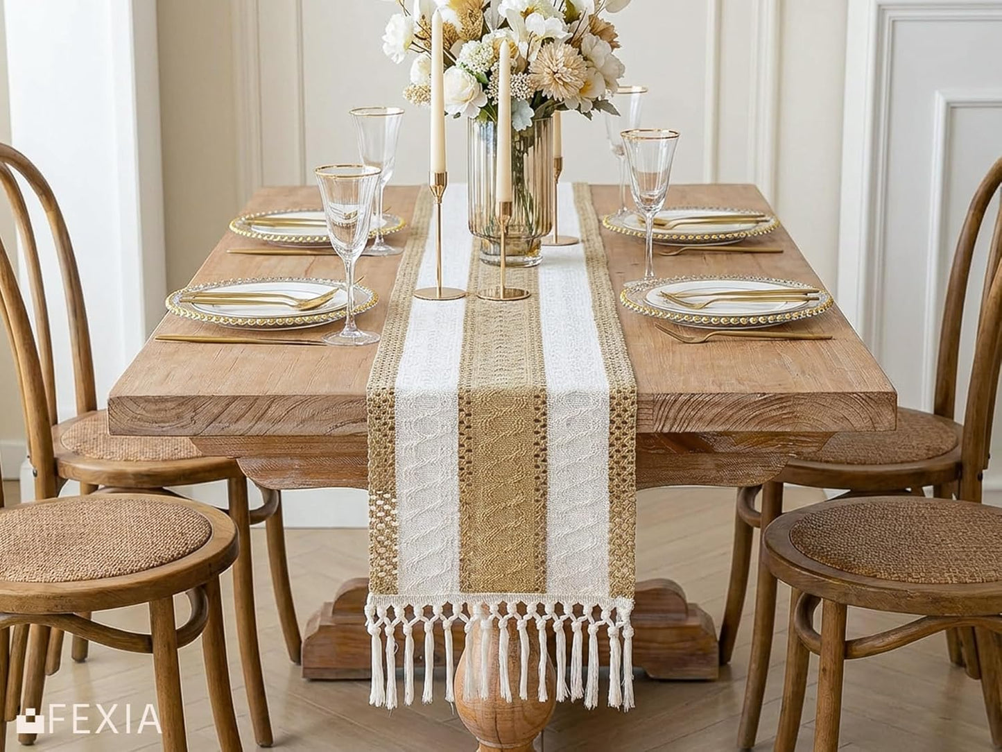 FEXIA Boho Table Runner for Thanksgiving Fall Christmas Home Decor with Tassels 72 Inches Long Pottery barn Furniture Farmhouse Rustic Macrame Burlap Table Decoration for Living Room (12x72 Inches)