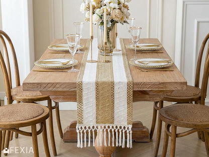 FEXIA Boho Table Runner for Thanksgiving Fall Christmas Home Decor with Tassels 72 Inches Long Pottery barn Furniture Farmhouse Rustic Macrame Burlap Table Decoration for Living Room (12x72 Inches)