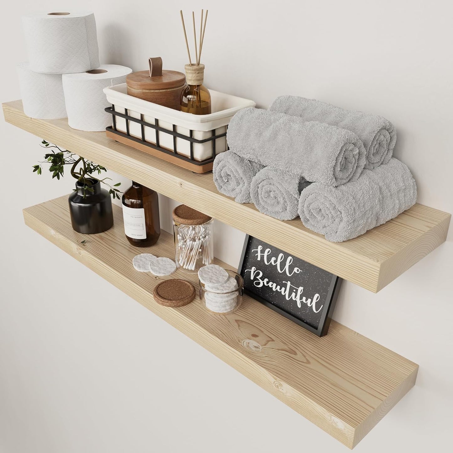 BAOBAB WORKSHOP Wood Floating Shelves for Wall Mounted, 16 inch Walnut Floating Shelf for Bathroom, Solid Wooden Wall Shelves for Kitchen Bedroom Farmhouse, Walnut Finish, 16 x 6.7, Set of 2