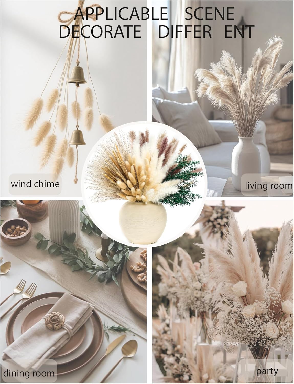 xin's convey 120 PCS Dried Pampas Grass, Dried Flowers, Reed Grass Bouquet for Bohemian Flowers Home Table Wedding Decoration, Rustic Farmhour.(Light Brown)