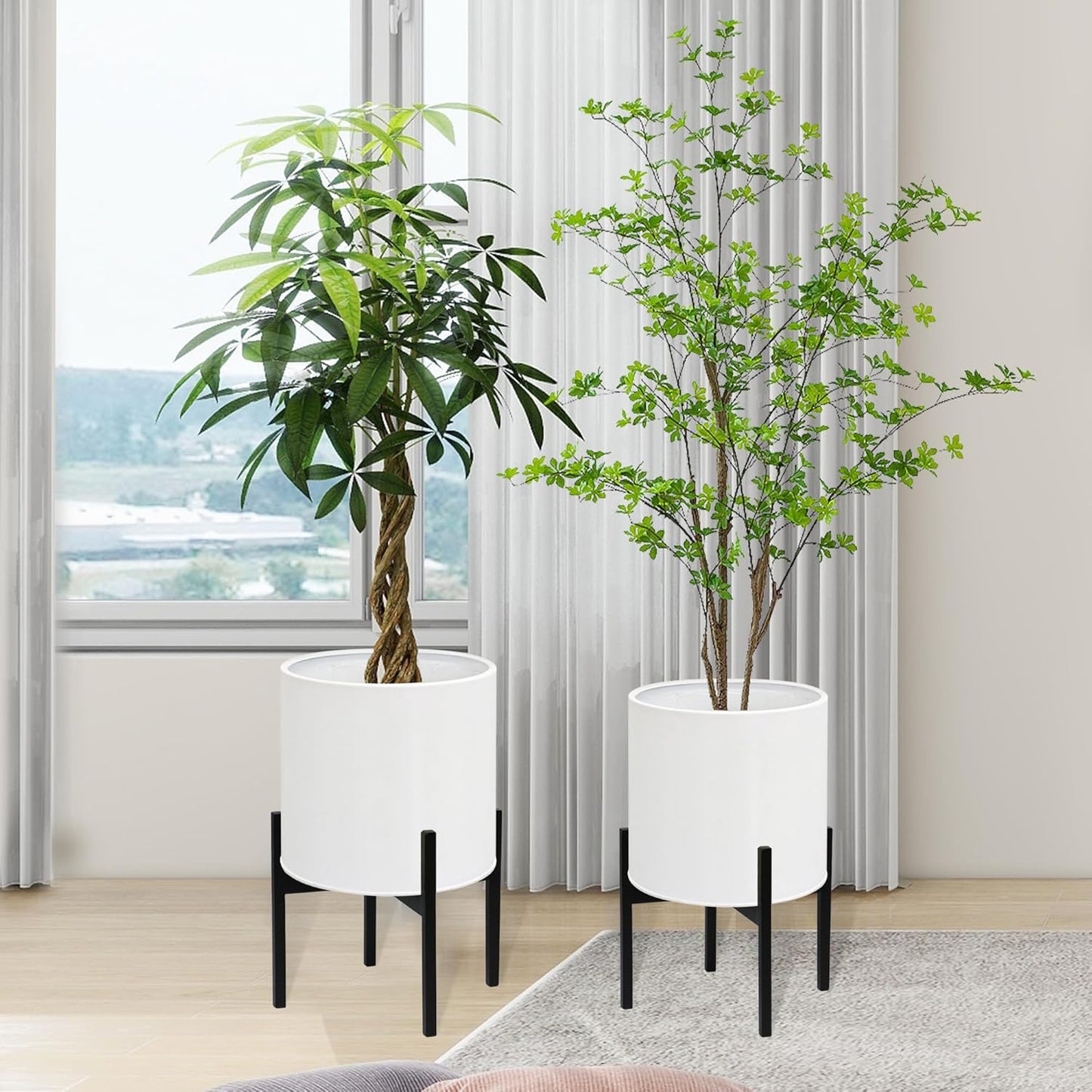 ARNIS Modern Plant Pots, Set of 2 Large Planters with Stand, Decorative Planters, Metal Pots with Drainage Holes for Living Room, Office, Garden or Balcony, 8.25 &10.5 Inch, Dirt