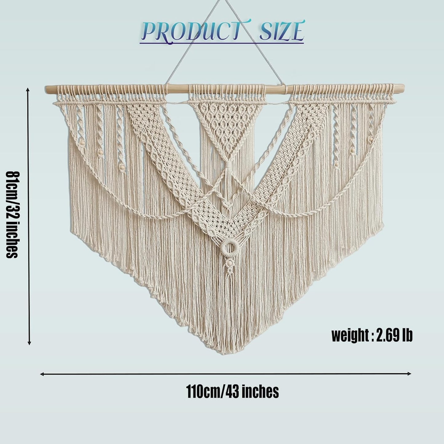 oiikain Large Handmade Boho Macrame Wall Hanging Tapestry - Chic Bohemian Woven Home Decor art for Living Room, Bedroom, and Wedding Parties (Beige, twelve rhombus)