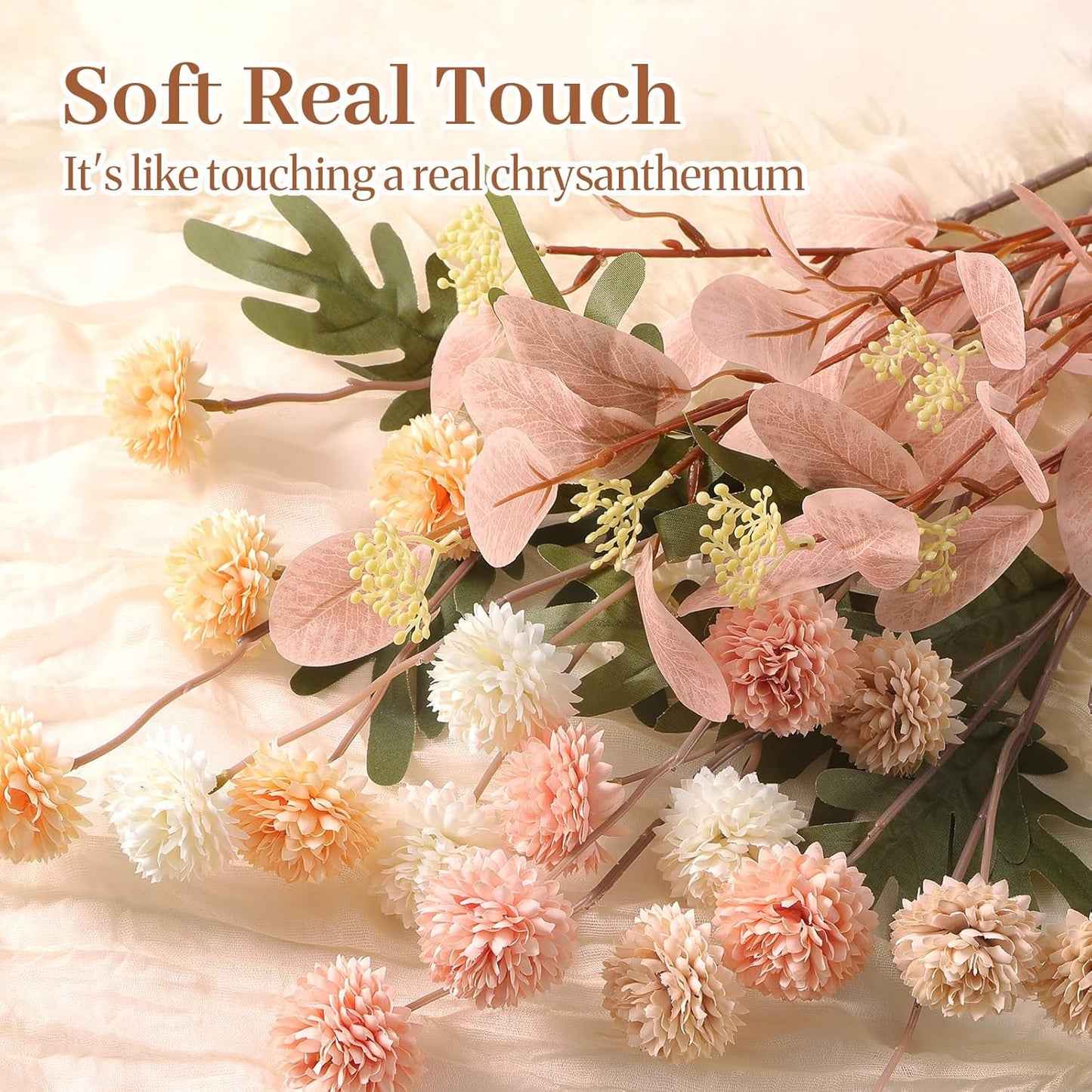 Alupssuc 16PCS Faux Silk Pompon Mums Artificial Flowers with Eucalyptus, Fake Chrysanthemum Floral for DIY Vase Arrangement, Long Stem Dining Table Centerpiece Home Decor, Beige