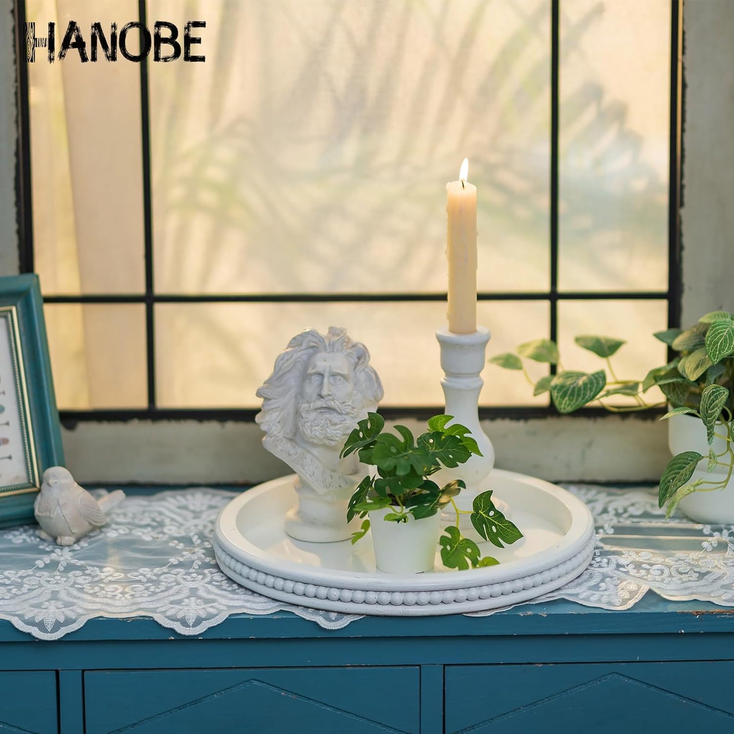 Hanobe Round Wooden Decorative Tray: White Washed Bead Tray Decor for Coffee Table Centerpiece Rustic Farmhouse Tray for Kitchen Counter Living Room Decoration