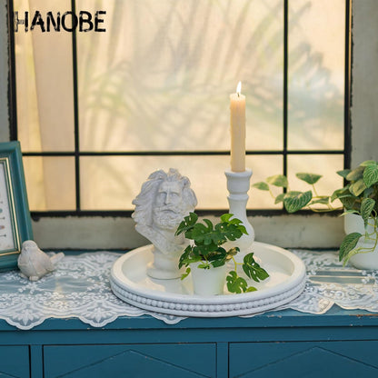 Hanobe Round Wooden Decorative Tray: White Washed Bead Tray Decor for Coffee Table Centerpiece Rustic Farmhouse Tray for Kitchen Counter Living Room Decoration
