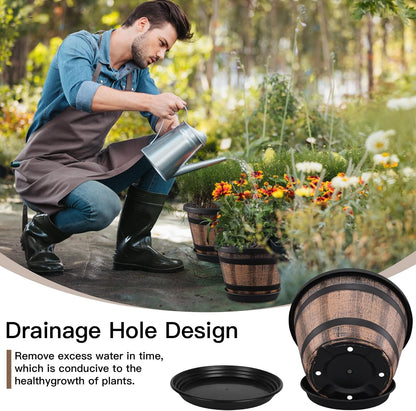 Quarut 3 Pack 10 inch Plant Pots,Whiskey Barrel Planters with Drainage Holes & Saucer, Plastic Decoration Flower Pots Imitation Wine Barrel Design, for Indoor & Outdoor Garden Home Plants (Brown)
