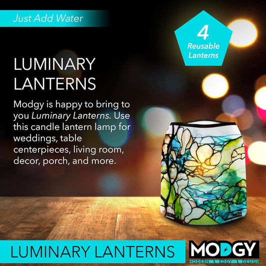 MODGY Luminary Lanterns Candle Holder Decorative Indoor Outdoor Decor, Plastic Candle Lantern Lamps for Wedding Table Centerpiece Porch 4-Pack, with Flameless Floating LED Candles Magnolia