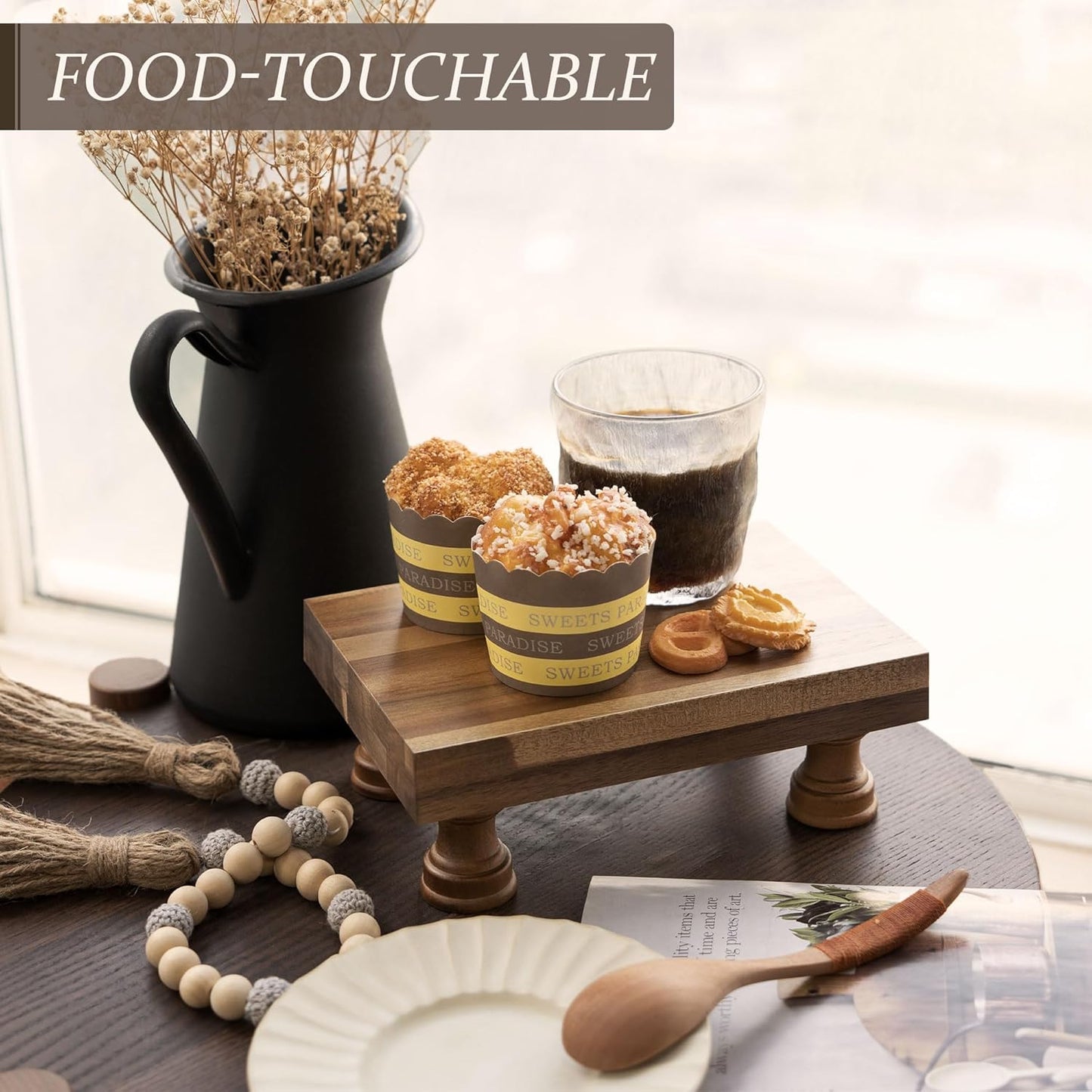 EOSAHR Farmhouse Riser for Room Decor : Decorative Pedestal Stand For Display Your Home Decorations and Uniquely Soap Stand - Rustic Bathroom Counter Tray and Kitchen Decor (Natural Wood)