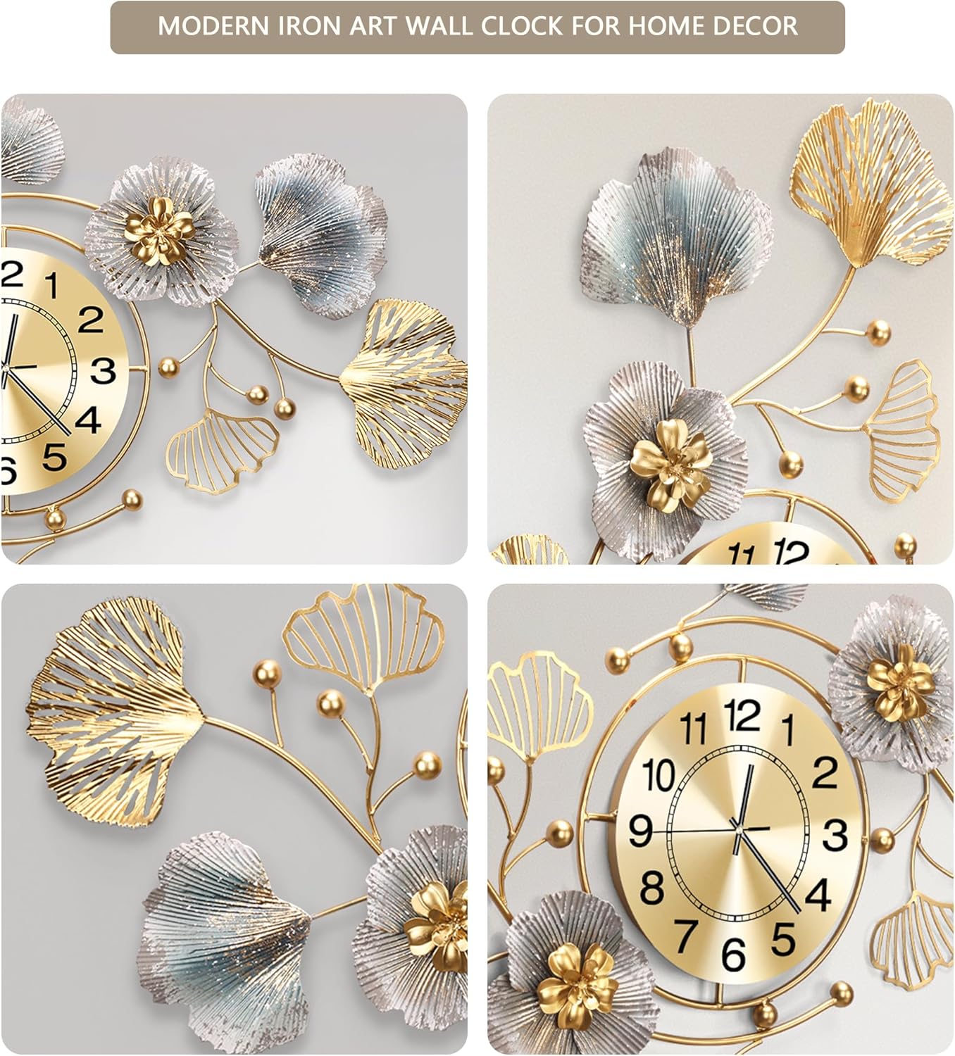 Clocks for Living Room, Large Wall Clock, 3D Silent Wall Clock, Retro Metal Ginkgo Leaf Design, for Bedroom Kitchen Decorative Wall Clocks（32''x18'' ）