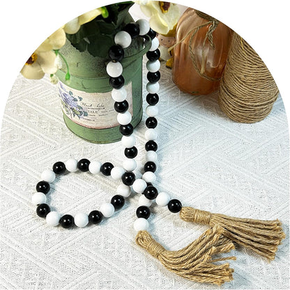 pson 39.4 Inch Wood Bead Garland with Tassels, Farmhouse Beads for Wall Hanging, Boho Rustic Prayer Beads, and Home Décor(Black and White)