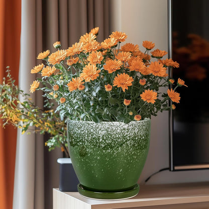 10 Inch Ceramic Planter Pot Round Plant Pot for Indoor Plants Outdoor Large Flower Pot with Drainage Hole and Saucer Blue