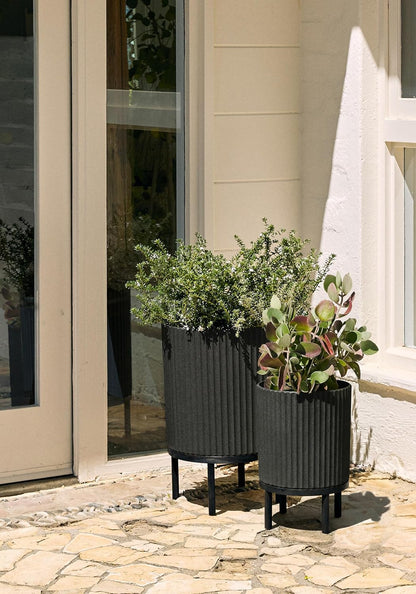 Veradek Demi Series Round Planter w/ Stand for Porch/Patio | Durable Plastic-Concrete & Wooden Stand | Modern Décor for Tall Plants, Flowers