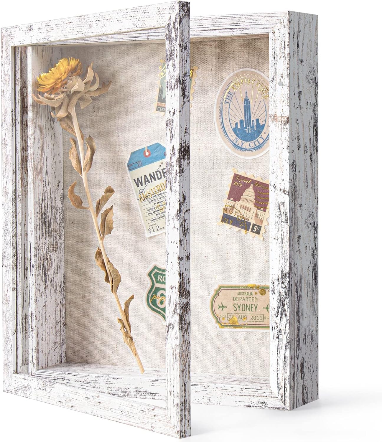 Califortree 8x10 Shadow Box Frame with Linen Back - Sturdy Rustic Memory Display Case of Flower, Pictures, Medals and More, White