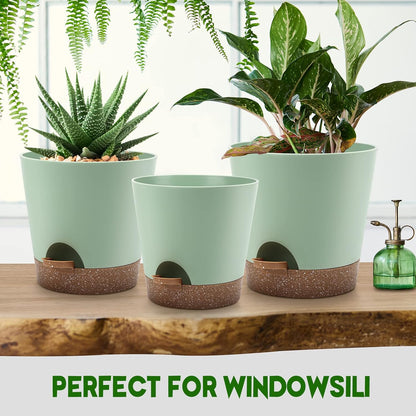 YNNICO Indoor Self Watering Planters with Drainage Holes and Saucers, 8, 7, 6.5, 6, 5.5, 5 Inches, Black, 6 Pots