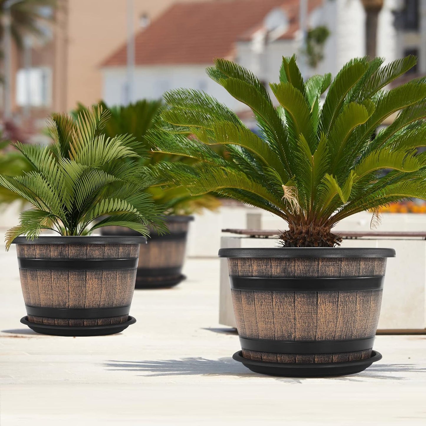 Quarut 3 Pack 10 inch Plant Pots,Whiskey Barrel Planters with Drainage Holes & Saucer, Plastic Decoration Flower Pots Imitation Wine Barrel Design, for Indoor & Outdoor Garden Home Plants (Brown)