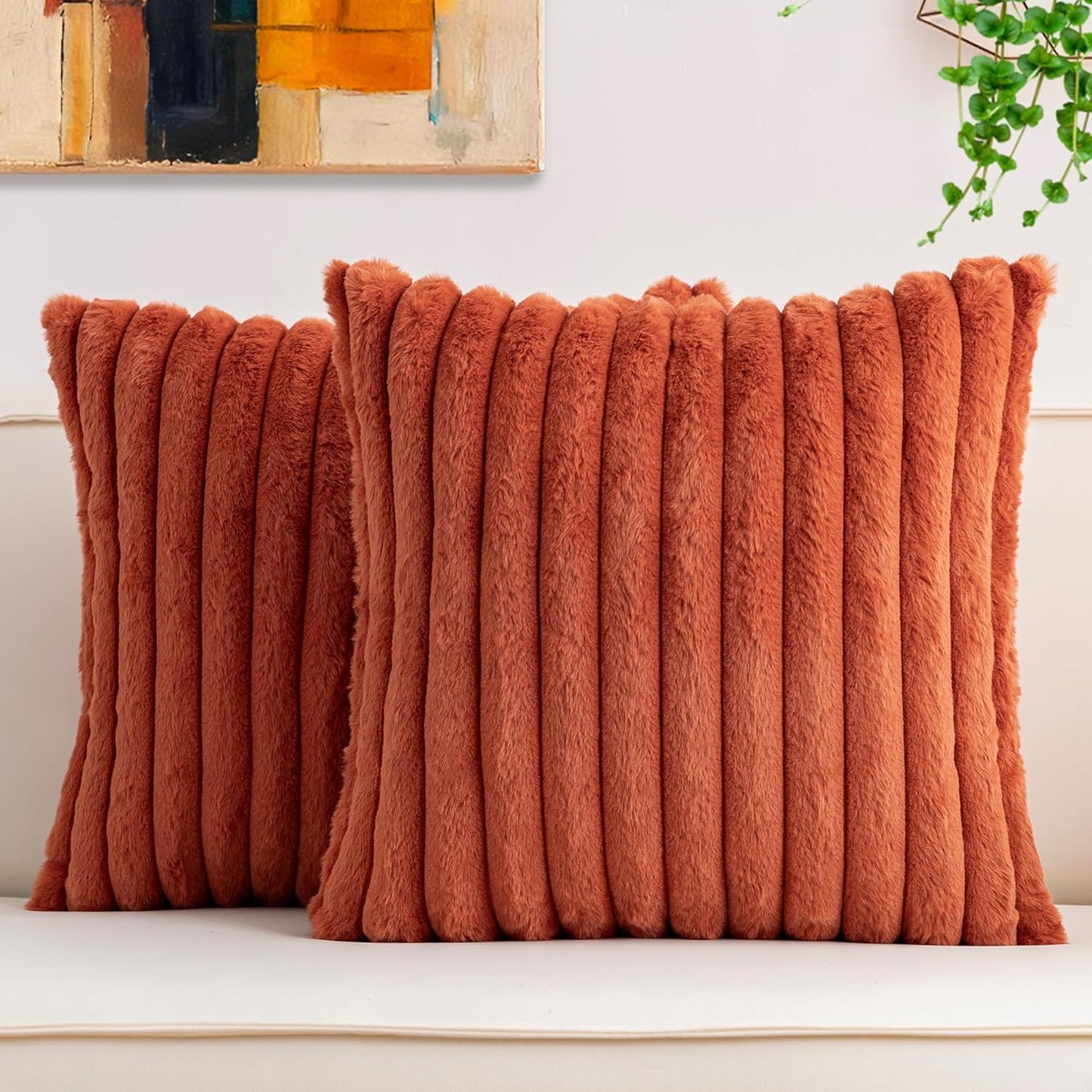 Aegero Pack of 2 Faux Fur Christmas Throw Pillow Covers 18x18 Inch, Soft Plush Striped Neutral Couch Pillow Cover, with Velvet Back Modern Home Decor for Sofa Living Room Couch Bed Cream White
