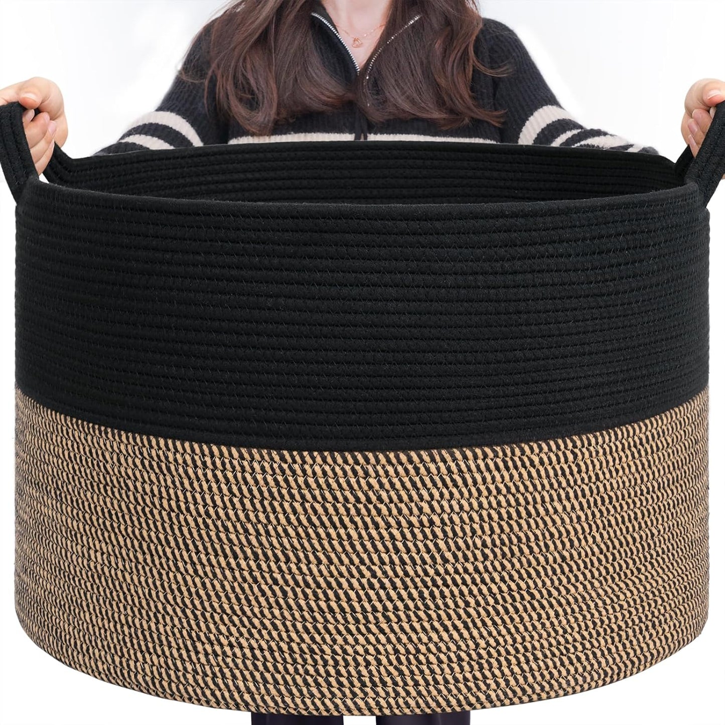 INDRESSME XXXLarge Blanket Basket for Living Room 21.7" x 21.7" x 13.8"-Storage Basket with Handle for Organizing Toy Pillows Woven Cotton Rope Laundry Basket Stuffed Animal Toy Storage for Play Room