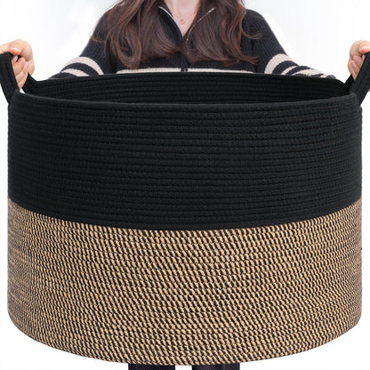 INDRESSME XXXLarge Blanket Basket for Living Room 21.7" x 21.7" x 13.8"-Storage Basket with Handle for Organizing Toy Pillows Woven Cotton Rope Laundry Basket Stuffed Animal Toy Storage for Play Room
