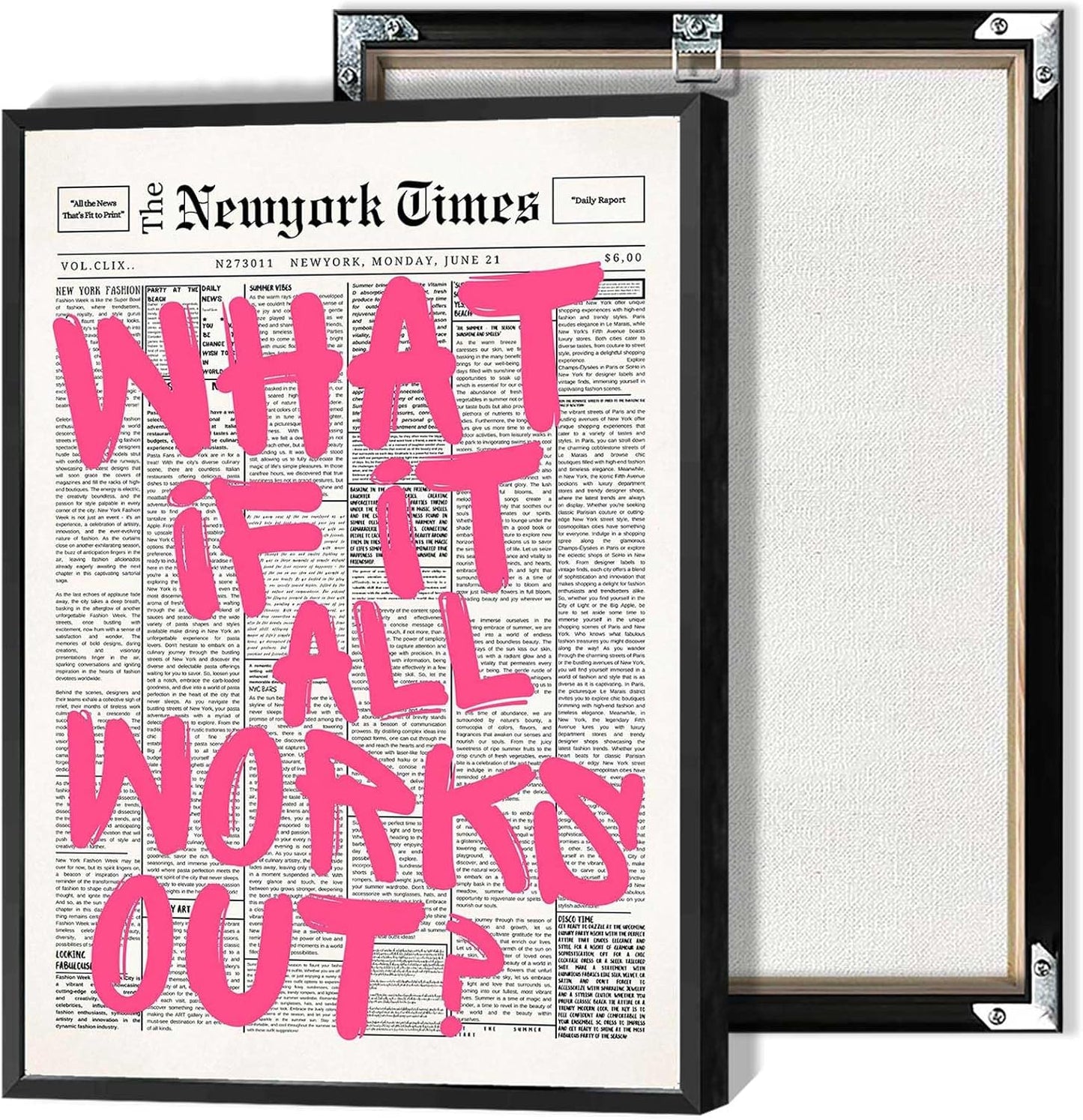 Retro Black And White Newspaper Poster What If It All Works Out Canvas Wall Art Positive Affirming Quote Minimalist Prints Painting For Home Bedroom Dorm Wall Decor 12x16in Unframed