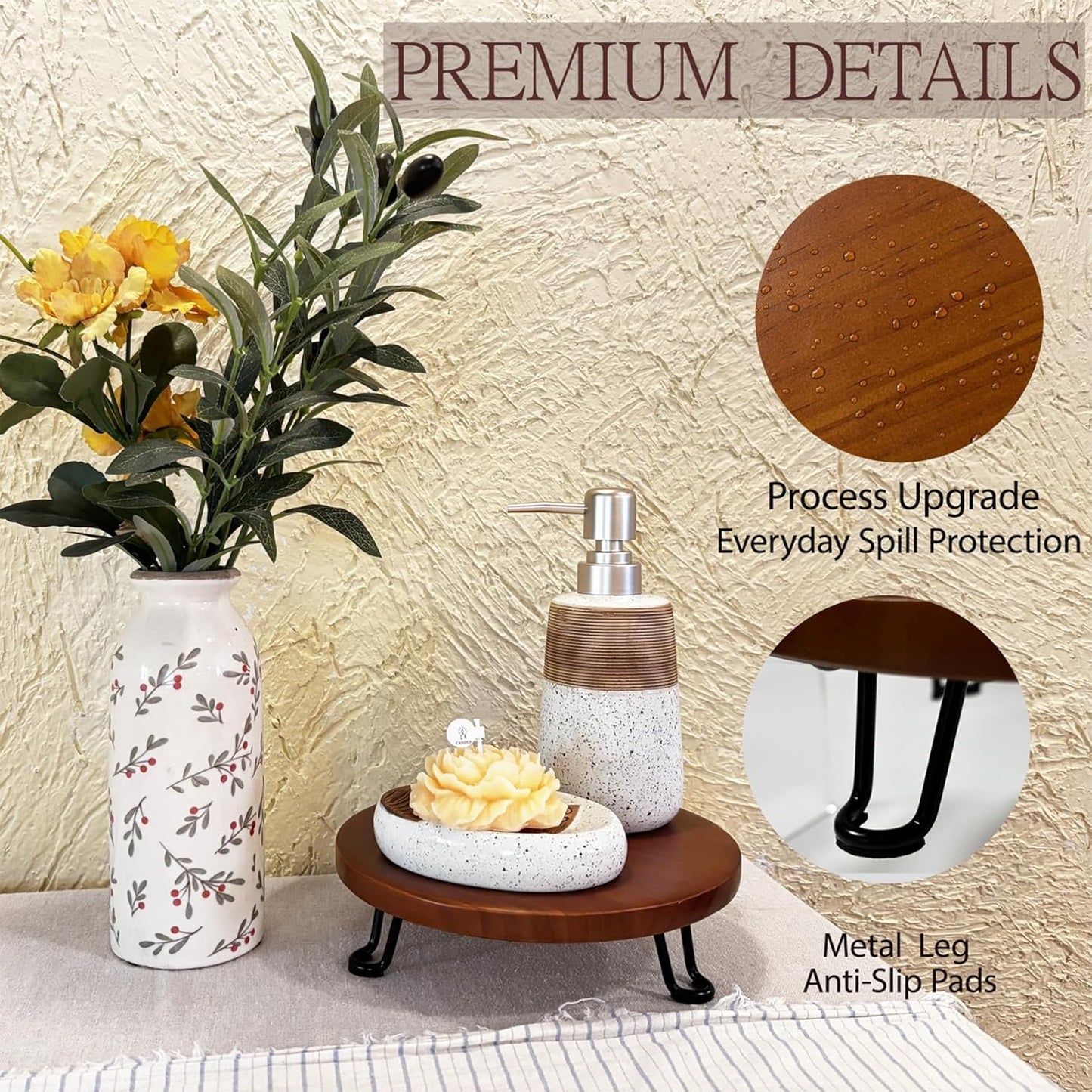 8 Inch Round Wood Riser with Metal Legs - Decorative Pedestal Tray Stand for Countertop Organizer - Farmhouse Boho Style Display Stand for Kitchen, Bathroom, Coffee Bar