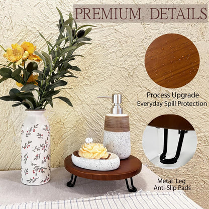 8 Inch Round Wood Riser with Metal Legs - Decorative Pedestal Tray Stand for Countertop Organizer - Farmhouse Boho Style Display Stand for Kitchen, Bathroom, Coffee Bar