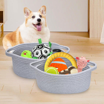 ABenkle Small Basket with Handles, Boho Decorative Rope Woven Dog Cat Toy Storage Bin Shelf Storage Organizer, Easter Christmas Gift Basket, 12"x8"x5", White